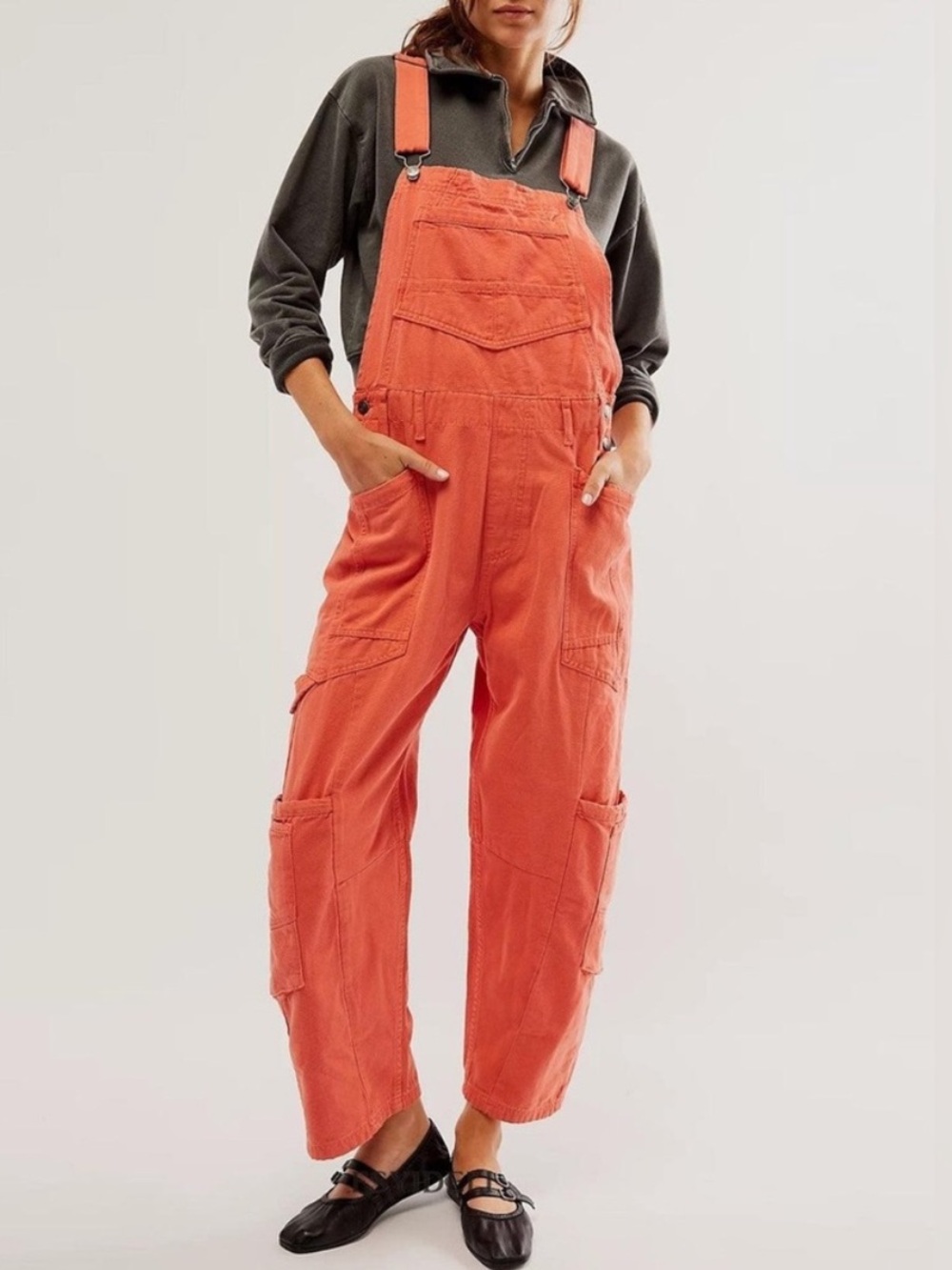 Free People Rayna Carpenter Overalls Orange Utility Jumpsuit Small, Cargo Pocket